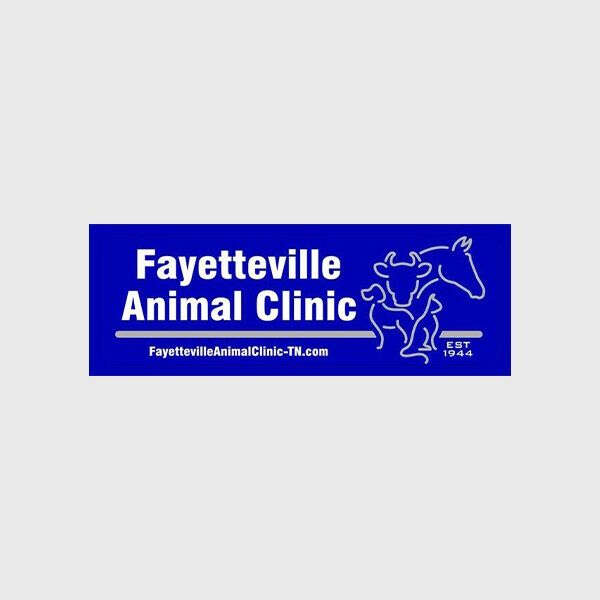 Blue sign with "Fayetteville Animal Clinic," featuring outlined images of a cow and a horse. Website included.