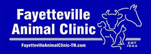 Fayetteville Animal Clinic logo with outlines of a cow, horse, and dog; established 1944.