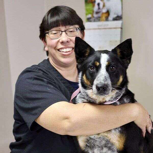 Person smiling while holding a black and white dog with a pink collar.